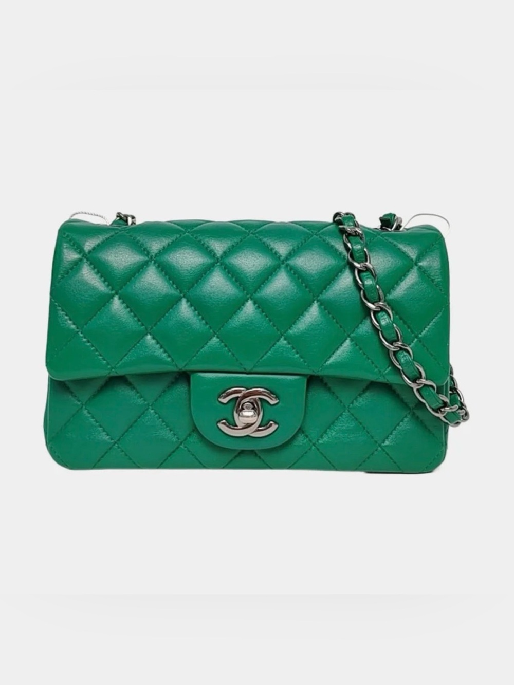 CHANEL Green Quilted Lambskin Classic Flap Shoulder Bag with Silver Hardware